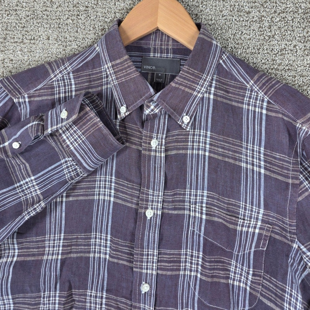 Vince Mens Purple Plaid 100% Linen Button Down Shirt Size Medium Long Sleeve